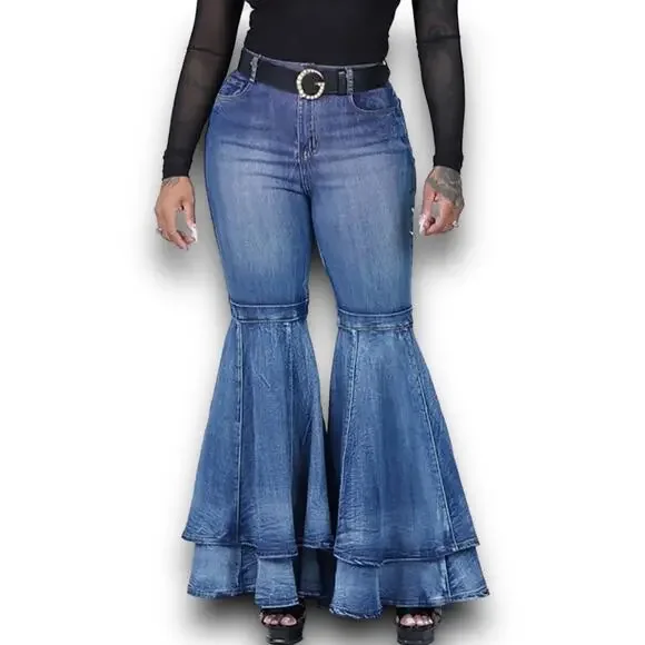 NEW XPlusWear Layered Bell Bottom Stretch Jeans High Waist 70s Style Size Large - Picture 10 of 11